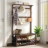 AMBIRD Hall Tree with bench and shoe storage, Entryway Bench with shoe storage, 6-in-1 Coat Rack with Cloth Bag and14 Coat Ho