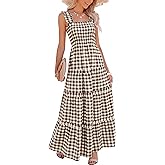 Caracilia Womens Summer Maxi Dresses Floral Smocked Sleeveless Ruffle Boho Casual Flowy Aline Beach Vacation Long Sundress