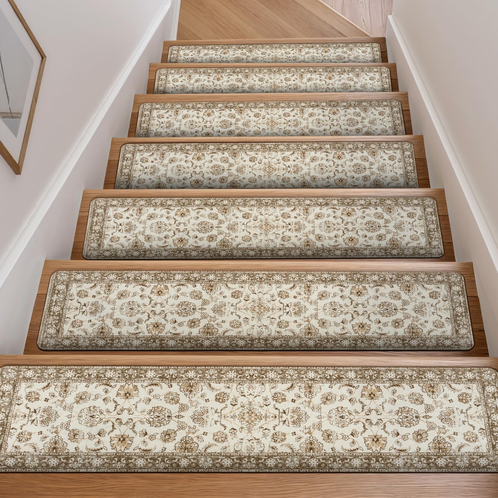 Photo 1 of OJIA Vintage Stair Treads Non-Slip Stair Runners for Wooden Steps Indoor 15PCS 30"x8" Carpet Stair Treads Mats Staircase Step Treads for Kids, Elders and Dogs, Stair Covers, Beige
