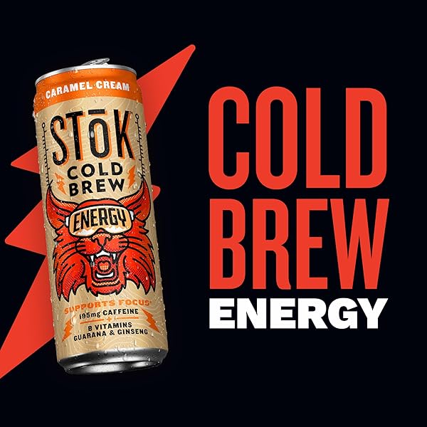 STOK COLD BREW ENERGY CARAMEL CREAM, READY TO DRINK CANNED COFFEE WITH 195MG CAFFEINE TO HELP SUPPORT FOCUS, B VITAMINS, GUARANA AND GINSENG, 11 FL OZ