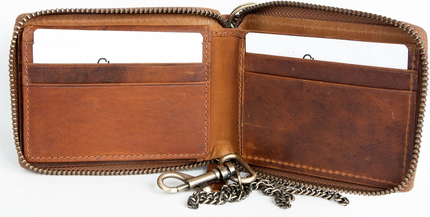 FLW Glazed Genuine Leather Pocket Sized Wallet with a Bull Skull and a Chain, Tan - Image 4