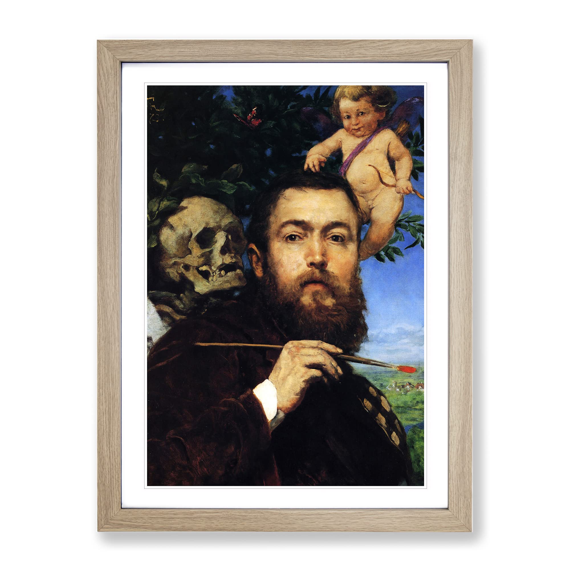 Hans Thoma Self Portrait With Love And Death Classic Painting Framed Wall Art Print, Ready to Hang Picture for Living Room Bedroom Home Office Décor, Oak A4 (34 x 25 cm)