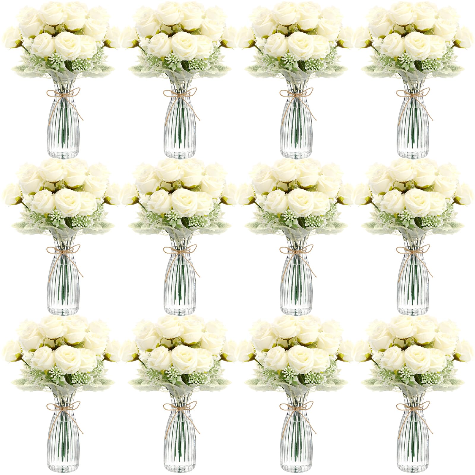 Photo 1 of Zeyune 36 Pack Wedding Floral Center Pieces Artificial Mini Rose Flowers with Vase Bulk, 24 Bundles Silk Faux Rose Bouquet 12 Plastic Vase with Rope for Bridal Shower Table Decor(White)