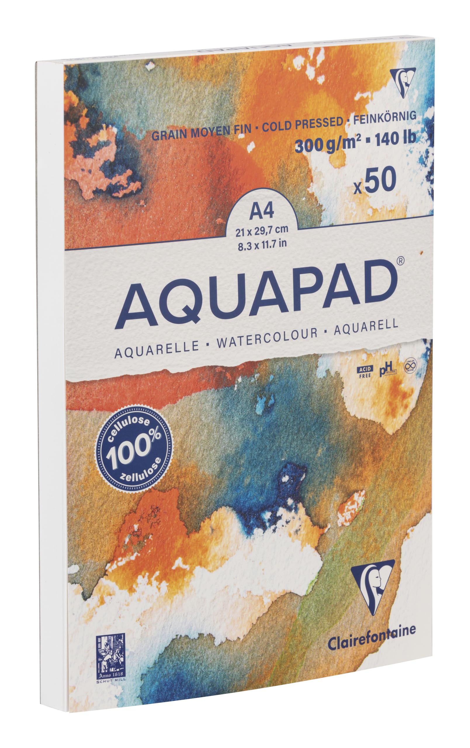 Clairefontaine 975721C Goldline Aquapad Glued Pad - 50 Sheets of Medium-Fine Grain White Watercolour Paper A4 21 cm x 29.7 cm 300g - Ideal for Watercolour