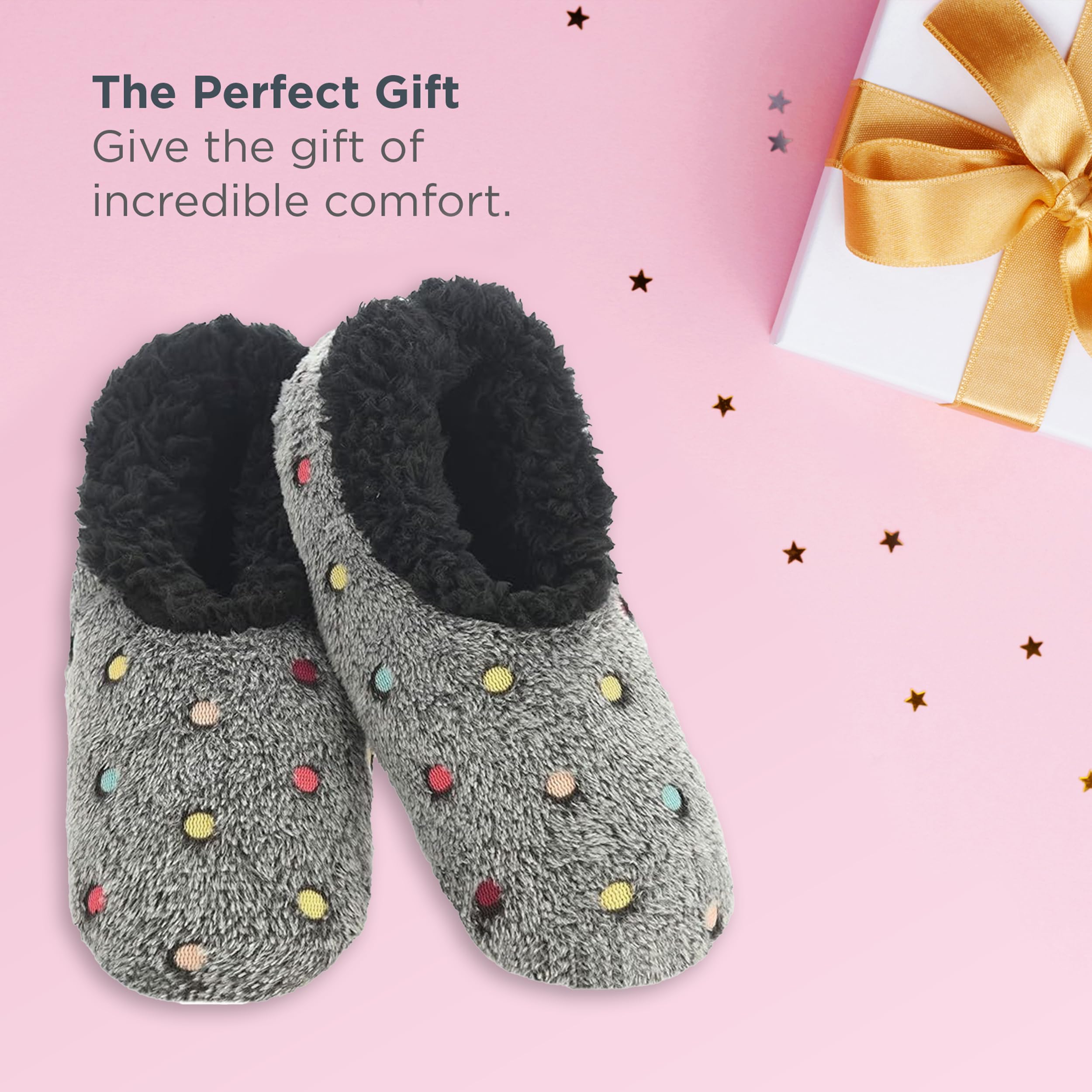 Snoozies Women's Lotsa Dots Slipper Socks, Black, Medium - Cozy Sherpa Fleece Slipper for Women