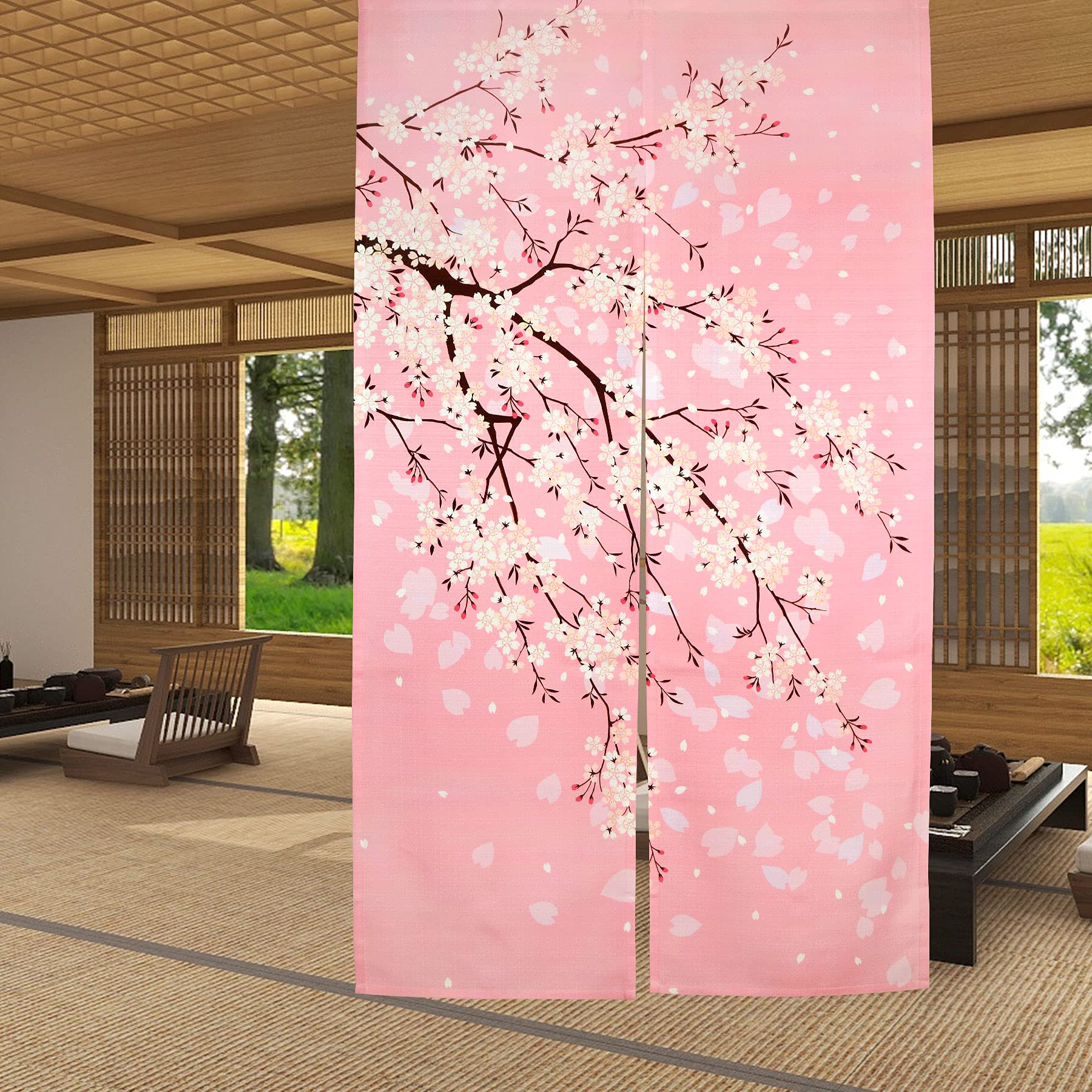 LIGICKY Noren Japanese Doorway Curtain Printed Cherry Blossom Door Curtains Window Tapestry for Home Decoration, 33.5"x59" Pink