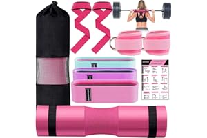 SINYWAY Barbell Pad Set for Squat,10 PCS Hip Thrusts Workout Foam Weight Lifting Bar Cushion with 2 Gym Ankle Straps,3 Hip Resistance Bands,2 Lifting Strap,Barbell Pad and Carry Bag