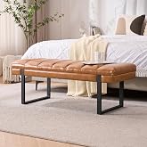 AIITTCC 46" Faux Leather Bench for Bedroom End of Bed Window, Camel Brown | Tufted Padded End of Bed Bench, Upholstered Ottoman, For Living Room/Entryway/Dining Bench/Hallway/Indoor, Modern