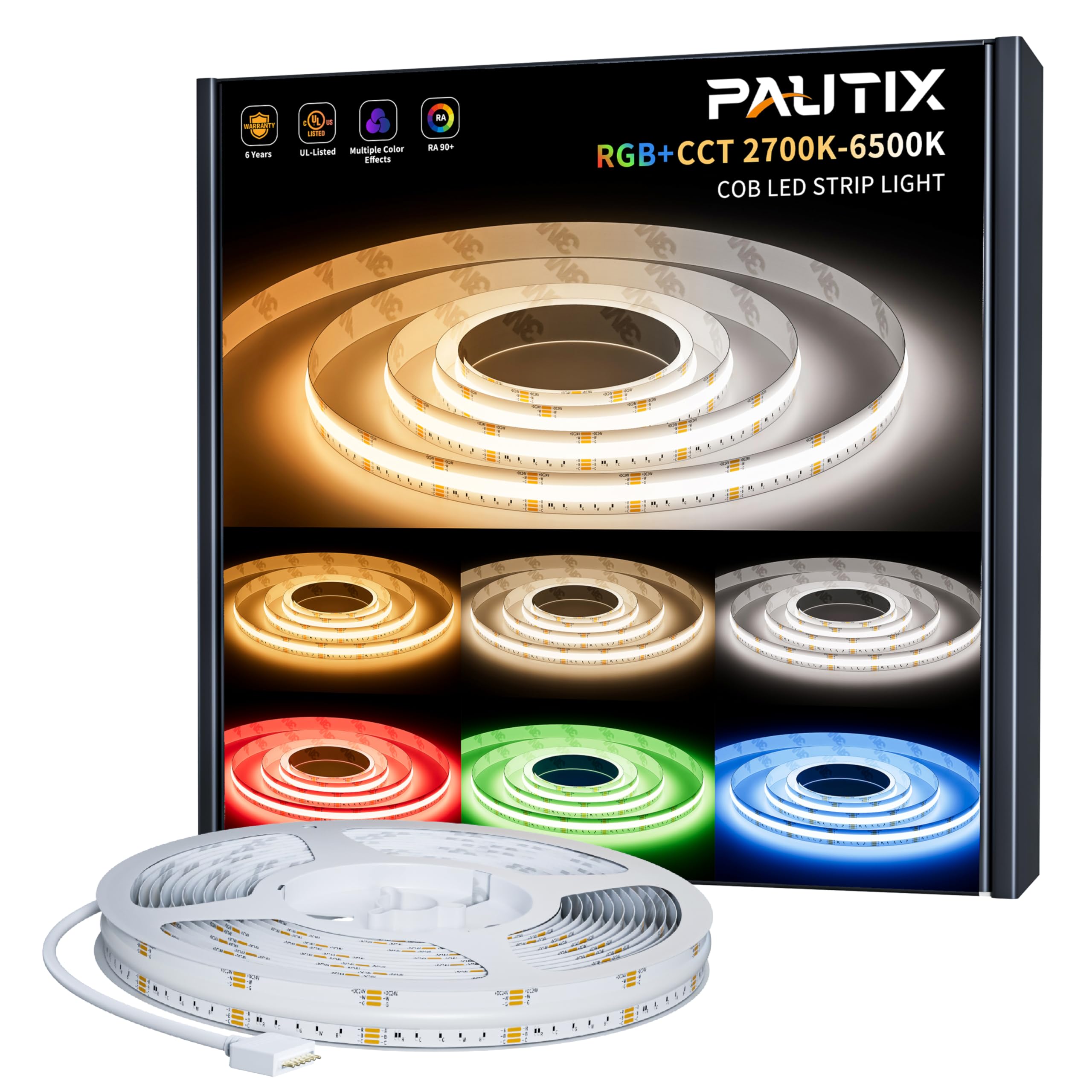 Photo 1 of PAUTIX COB LED Strip Light,RGB+WW/CW 24ft/7.5m,RGB+CCT Tunable Color Temperature 2700K-6500K,UL Listed DC24V Color Changing Tape Lights for DIY Decoration(Power Supply & Controller Not Included)