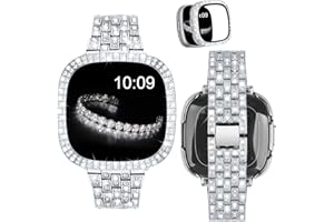 V-MORO Compatible with Fitbit Versa 4/Sense 2 Bands for Women, Bling Diamond Metal Strap Replacement with Hard Bumper Protective Case Cover for Fitbit Sense 2/Versa 4-Silver