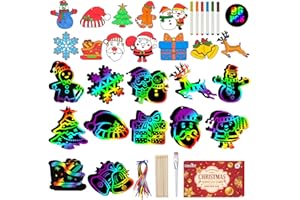 Max Fun Christmas Crafts Scratch Art for Kids, 96PCS Ornaments Rainbow Magic Color Scratch Off Cards Paper Hanging Art Craft Supplies Educational Toys Kit for Kid Party Favor