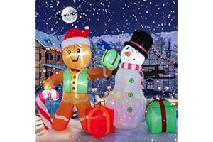 COOLWUFAN 6 FT Christmas Decorations Outdoor Inflatables Gingerbread Man Snowman Blow Up Yard Decor, Outdoor Inflatables Decorations with Rotating LED Light for Garden Patio Lawn Holiday Party Xmas