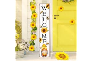 Chitidr Summer Wooden Welcome Sign for Front Porch Standing Vertical Porch Sign Rustic Sunflower Bee Gnome Front Porch Decor for Farmhouse Door Porch Decoration, 42" H