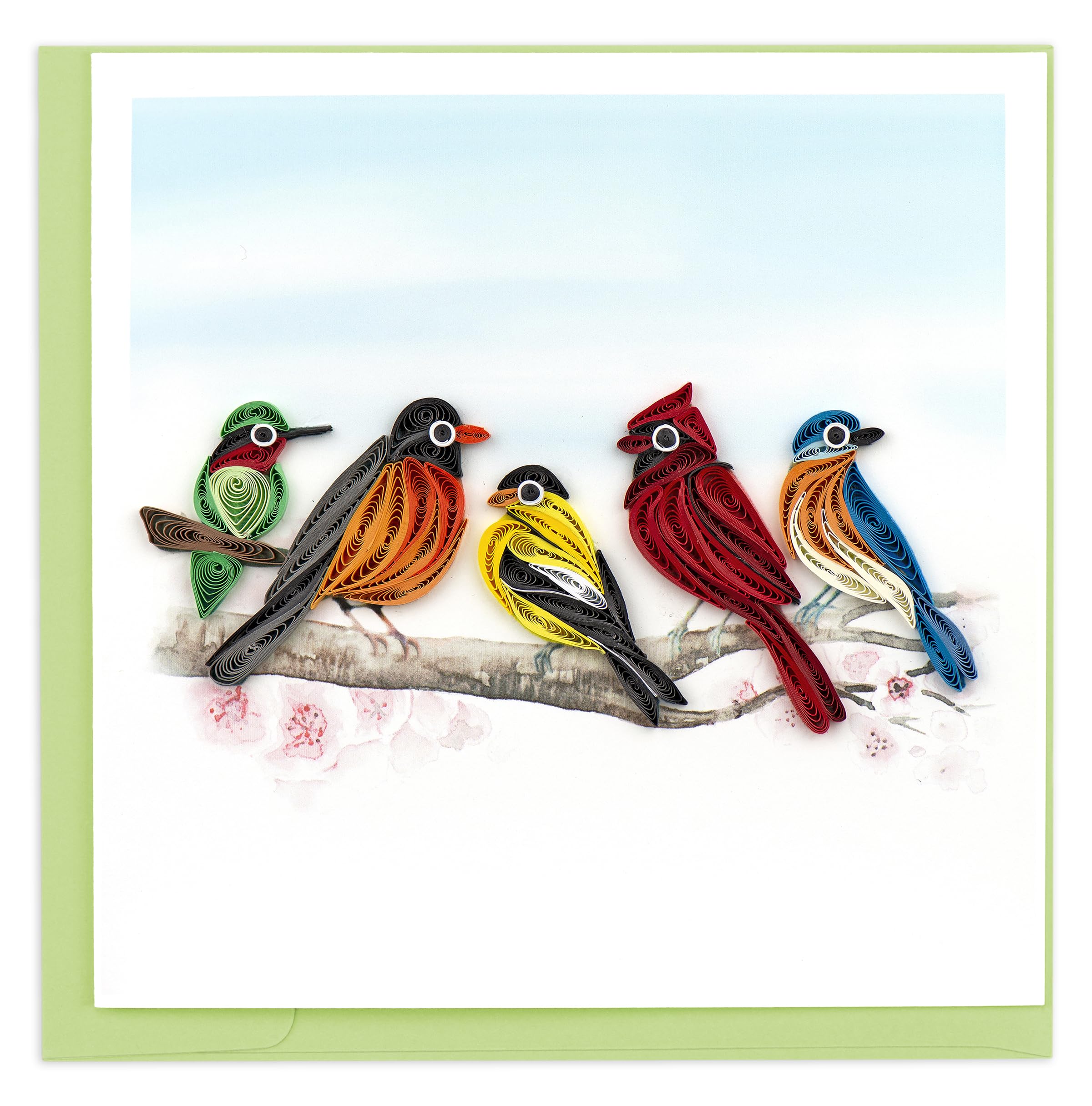 Quilling Five Colourful Perched Songbirds Birdy Band Hand-Finished Greeting Card Frameable Art - Suitable for Framing in a Card Frame - by The Quilling Card Company