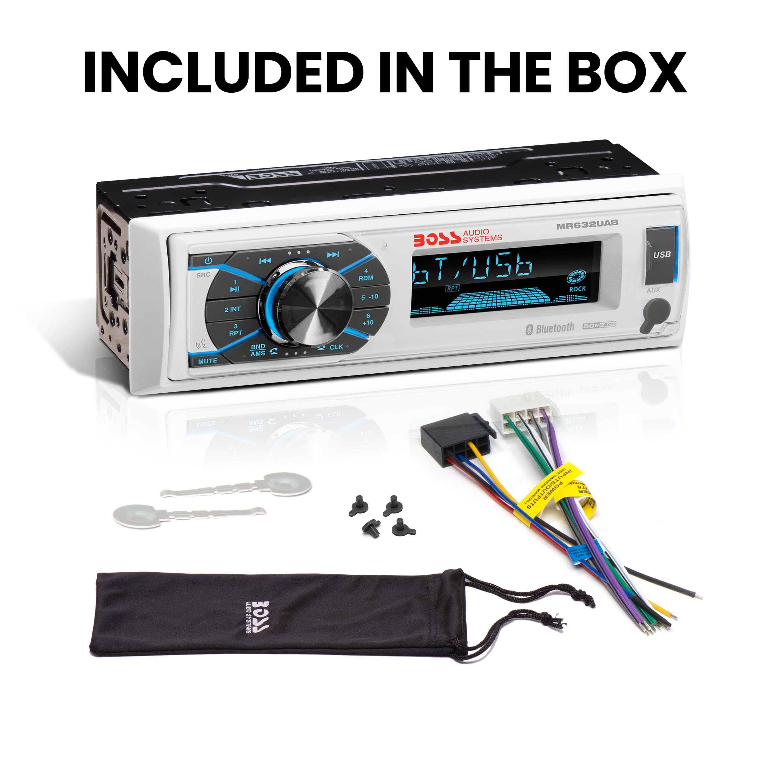 Boss Audio Systems MR632UAB Marine Receiver – Weatherproof, Bluetooth Audio and Hands-Free Calling, USB, MP3, AM/FM, Aux-in, No CD Player, RGB Multi-Color Illumination, Detachable Front Panel, white