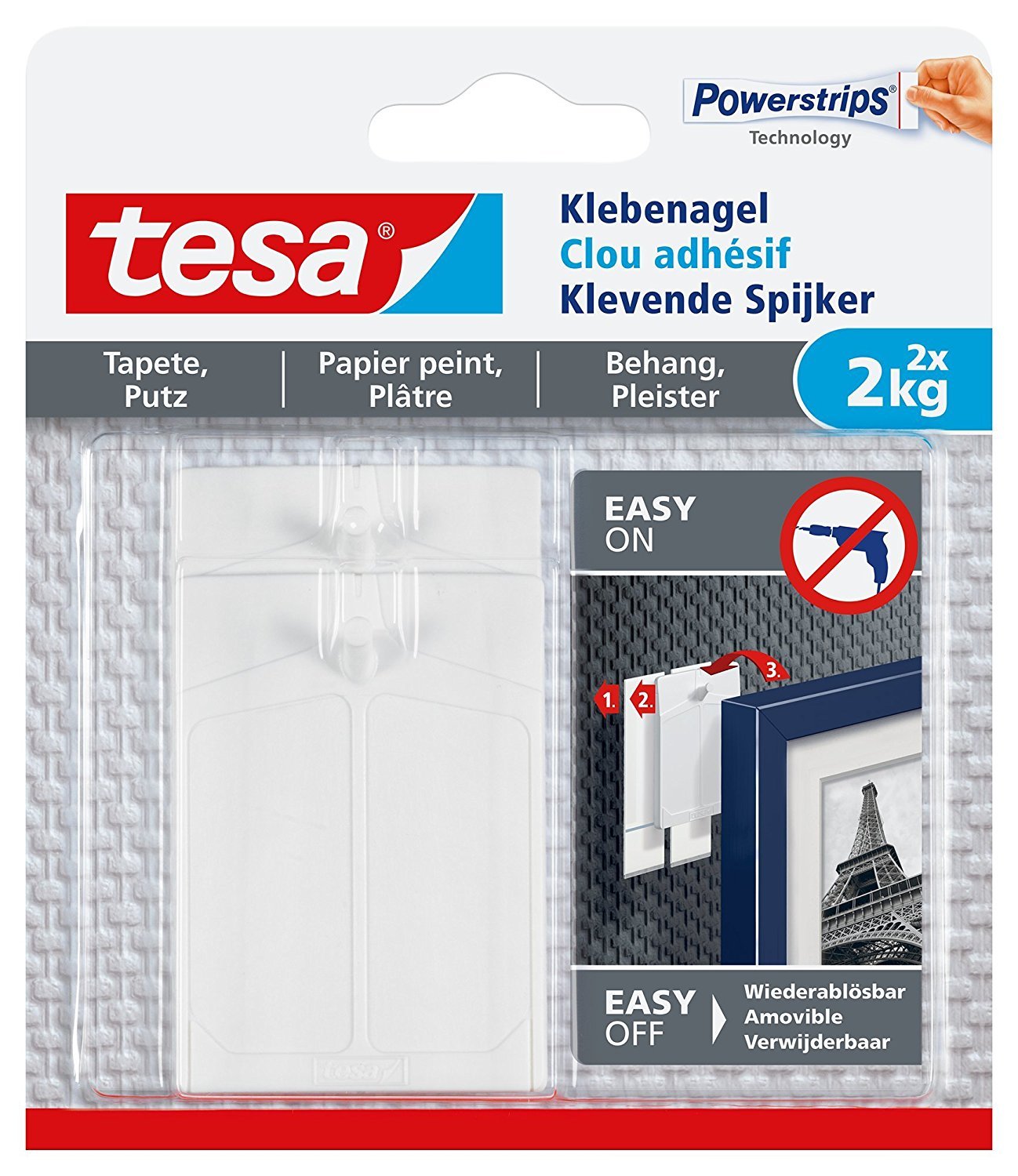 Tesa adhesive hook for wallpapers and plaster, adjustable, carrying capacity, pack of 2, 2 kg / 6 Nägel [3er Pack], 1