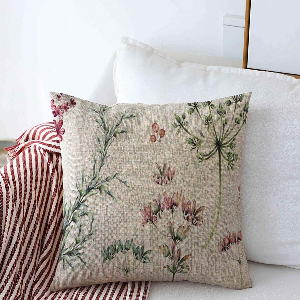 Starogs Throw Pillow Covers 16" x 16" Floral Watercolor Botanical Plants Herbs Leaf Wildflowers Flower Leaves Nature Green Garden Tropical Cushion Cotton Linen Case for Fall Home Decorative