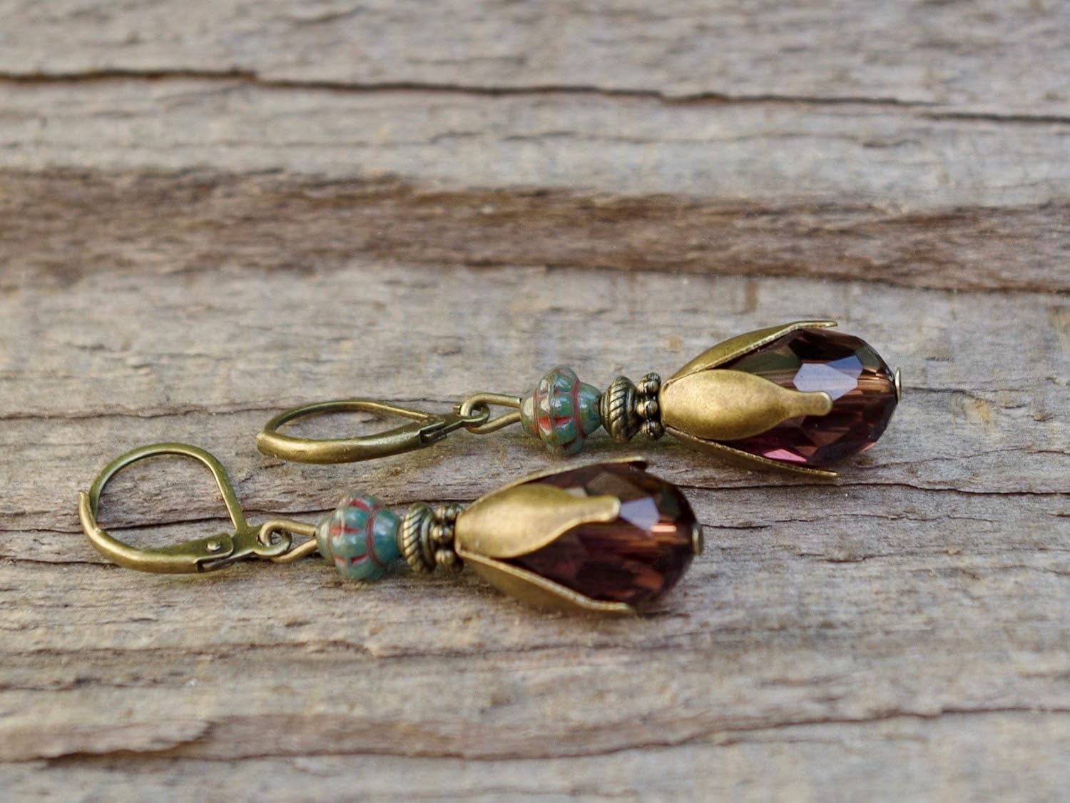 Vintage Tropfen Ohrringe mit Glasperlen - aubergine, lila, dunkelgrün