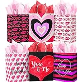 Gcardist Valentine Gift Paper Bags 6 Designs 3"×6"×8.3" Small Size 30-Packs Festival Party Favor Kraft Bags with Handle Bulk