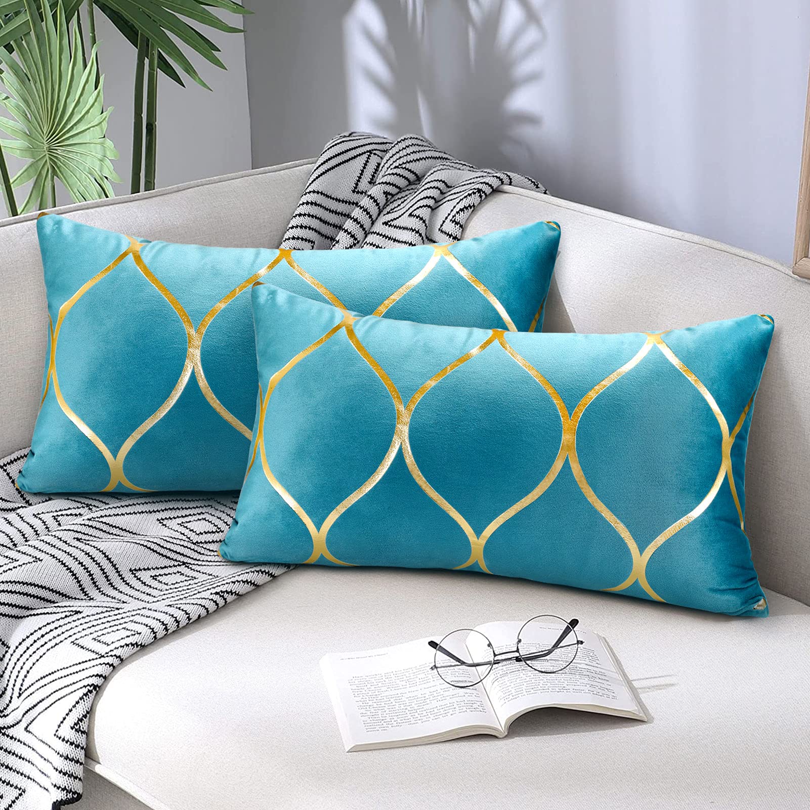 Hanrunsi Teal Blue Cushions Cover Oblong Velvet Pillow Covers 30x50 cm Modern Decorative Cushions for Sofa Set of 2 12 x 20 inch Pillowcase