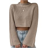 MakeMeChic Women's Mock Neck Crop Sweater Bell Sleeve Knitted Pullovers Jumper Tops