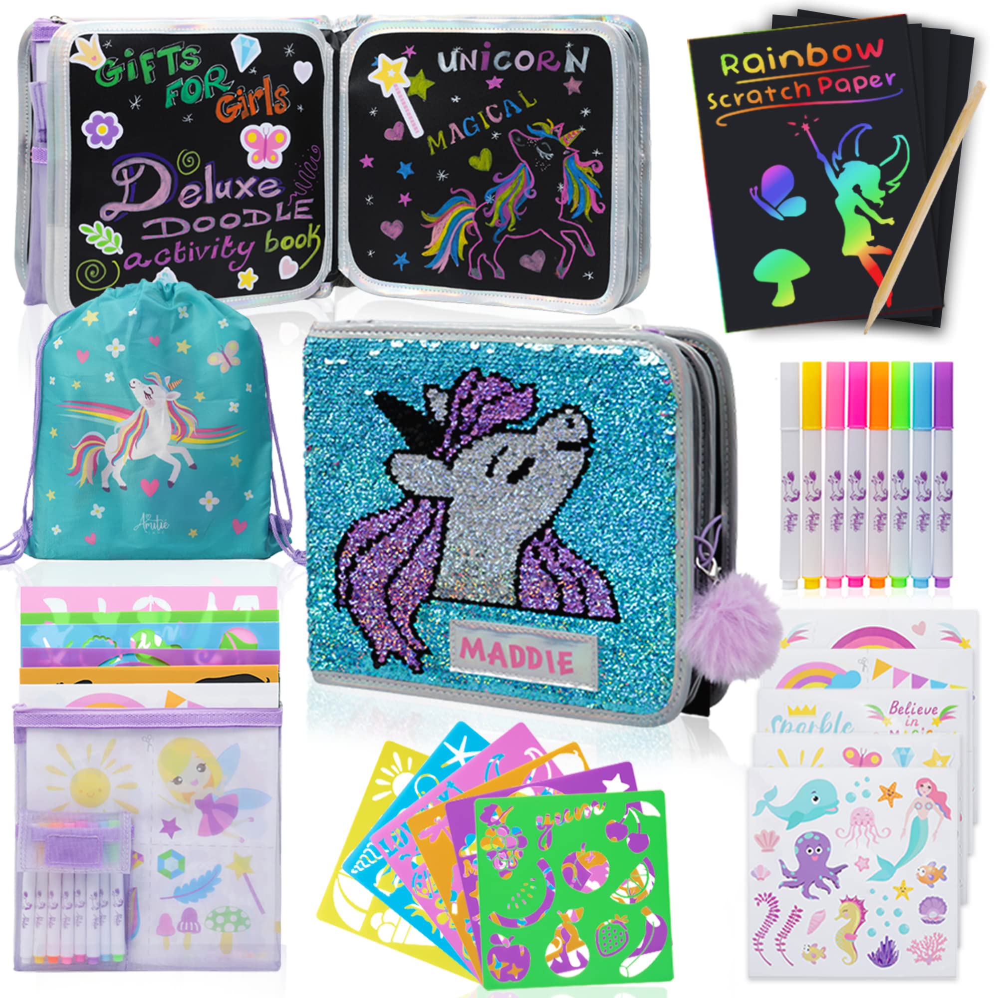 Amitié Lane Erasable Doodle Book Incl. Stencils, Reusable Stickers, Scratch PaperUnicorn - Gifts for Girls, Airplane Travel Essentials Kids, Arts and Crafts for Kids Ages 3-5, Colouring Toy