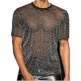 WDIRARA Men's Glitter Mesh Sheer T Shirt Rave See Through Shirt Short Sleeve Top Tee