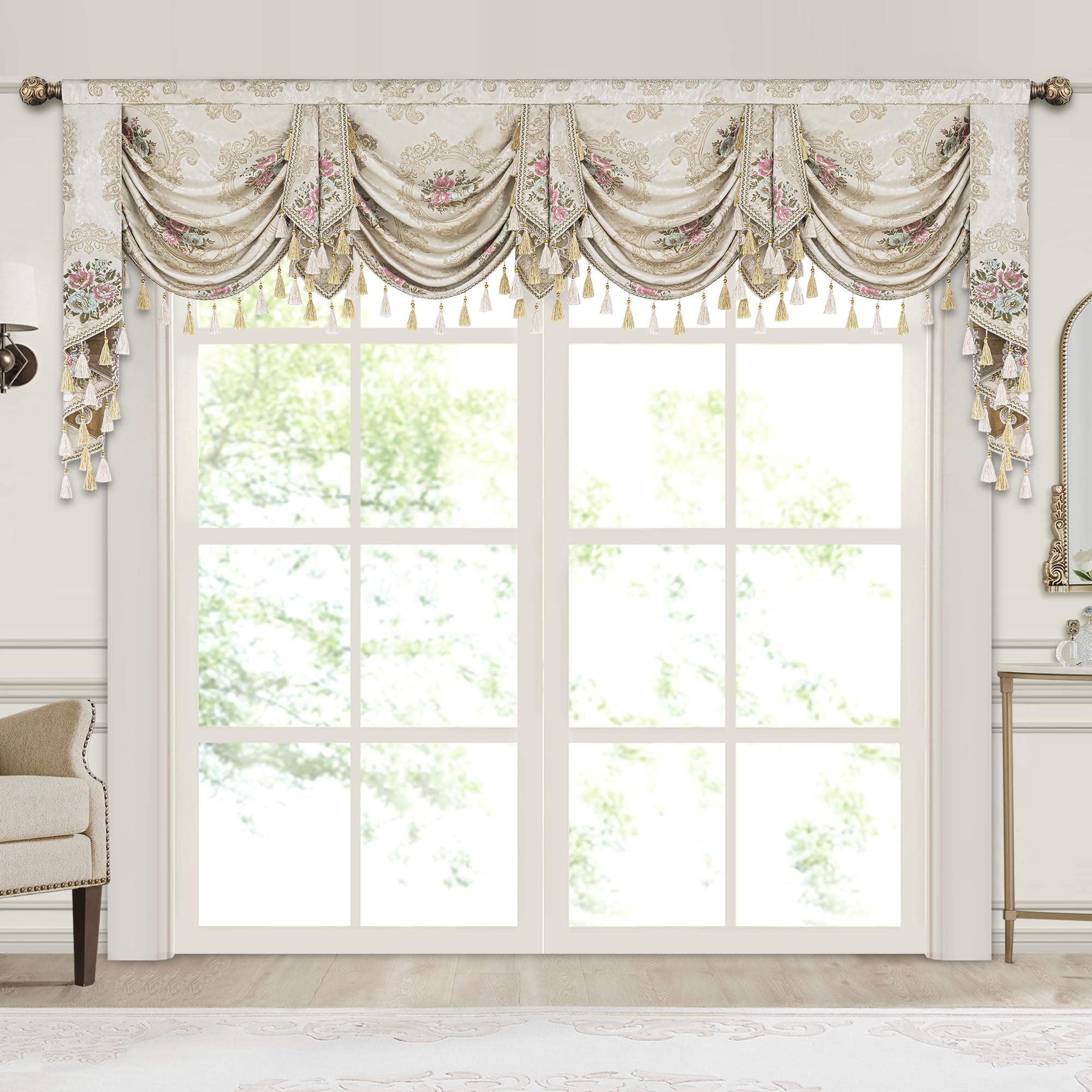 Photo 1 of Loom and Mill Luxury Jacquard Waterfall Valance for Living Room Bedroom, Floral Damask Swag Window Valances with Tassels, Pearly Beige Swag Curtains for Banquet Holiday Decoration(W110Inch,1 Panel)