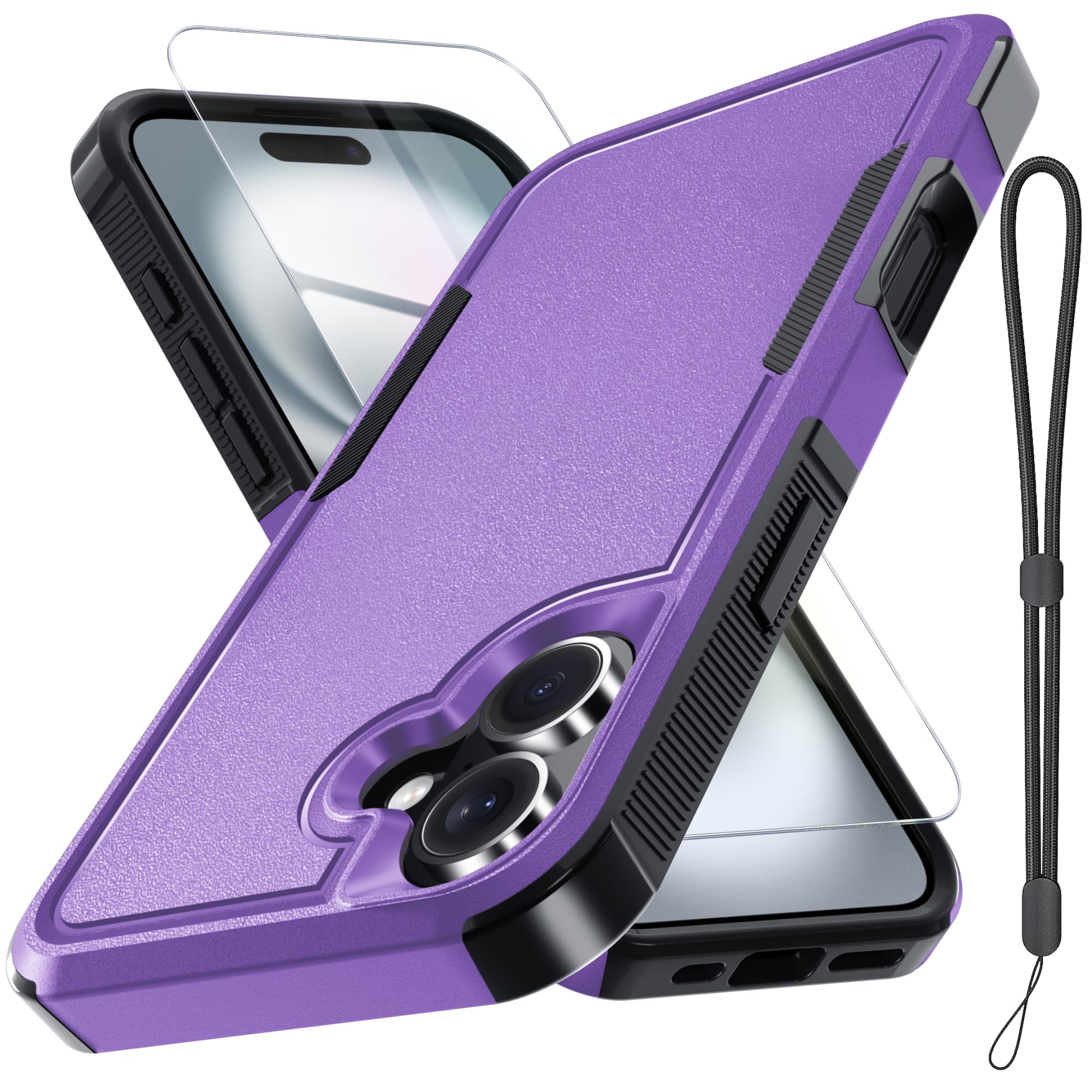 RMOCR Case for iPhone 16 Plus Phone Cover with Screen Plustector,Military Grade Heavy Duty ShockPlusof Phonecase with Wrist Lanyard Strap for iPhone 16Plus,Lavender