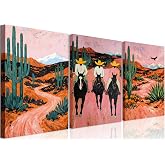 Western Cowboy Wall Art Set of 3, Southwestern Desert Canvas Prints with Cactus & Horses, Pink Boho Western Painting Pictures for Living Room Bedroom, Ranch Style Triptych Posters Artwork 12x16