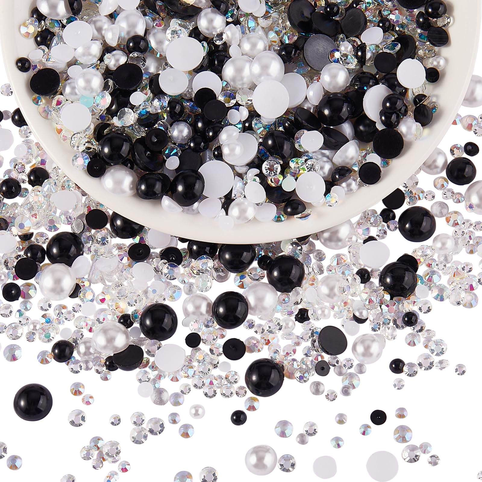 BEEFLYING 60g Mix Flatback Pearls & Resin Rhinestones Half Round Pearl Beads for Crafts 3mm-10mm Half Pearl Rhinestone for Face Art Tumblers Bottles Clothes Gift Card Jewelry Decor(Black White)