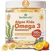 2 Pack Algae Omega 3 Gummies for Kids - 500mg with DHA, Phosphatidylserine, Vitamin D3 & K2 - Sugar Free DHA Supplement for Brain& Eye - Fish Oil Alternative - Vegan, 120 Count