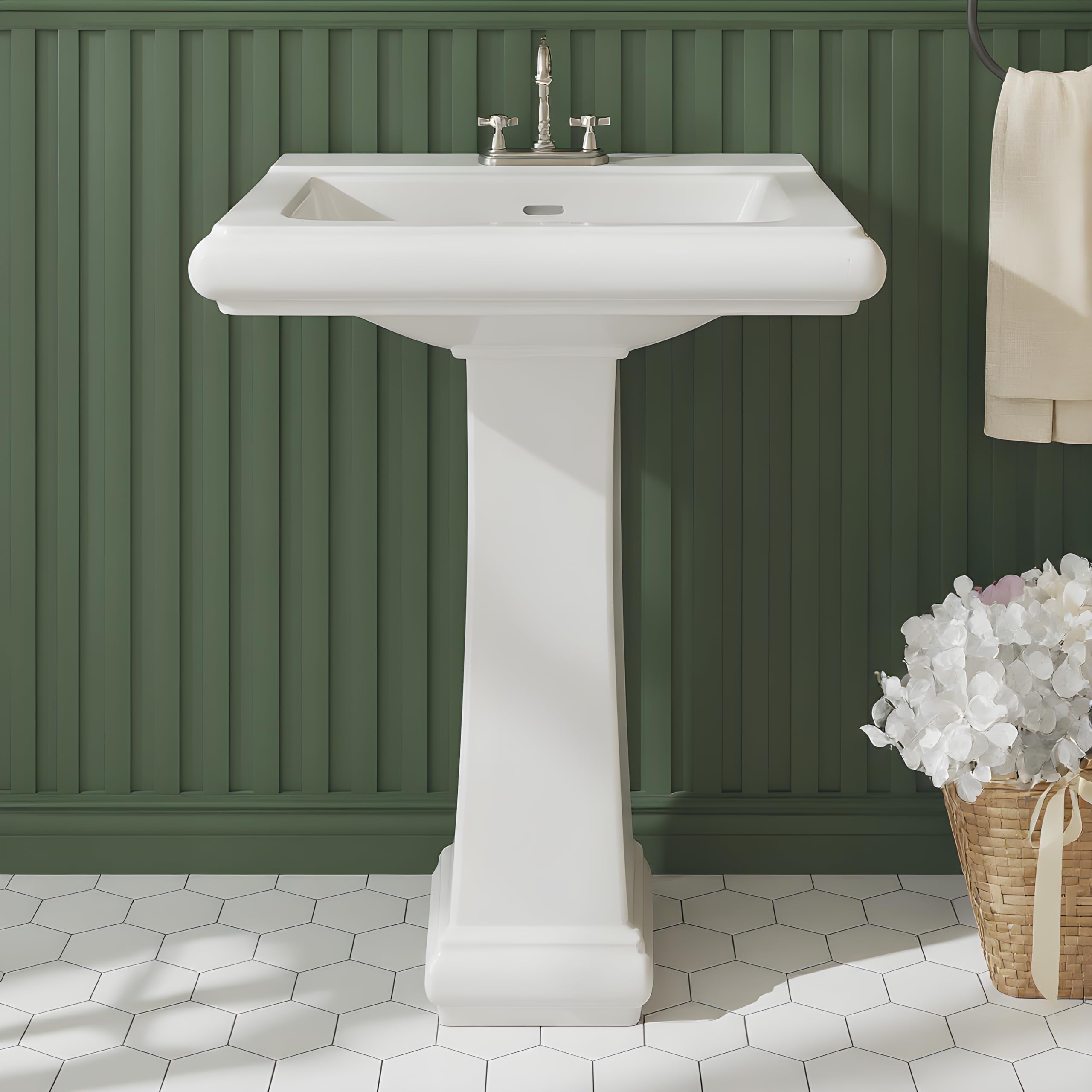 Photo 1 of *** USED/MAJOR DAMAGE*** 26" W X 20" D Bathroom Pedestal Sink, Rectangular White Ceramic Vanity Sink with Overflow and 3 Pre-Drilled Holes - Fits 4-Inch Faucets,Freestanding Restroom Sink Combo for Small Spaces