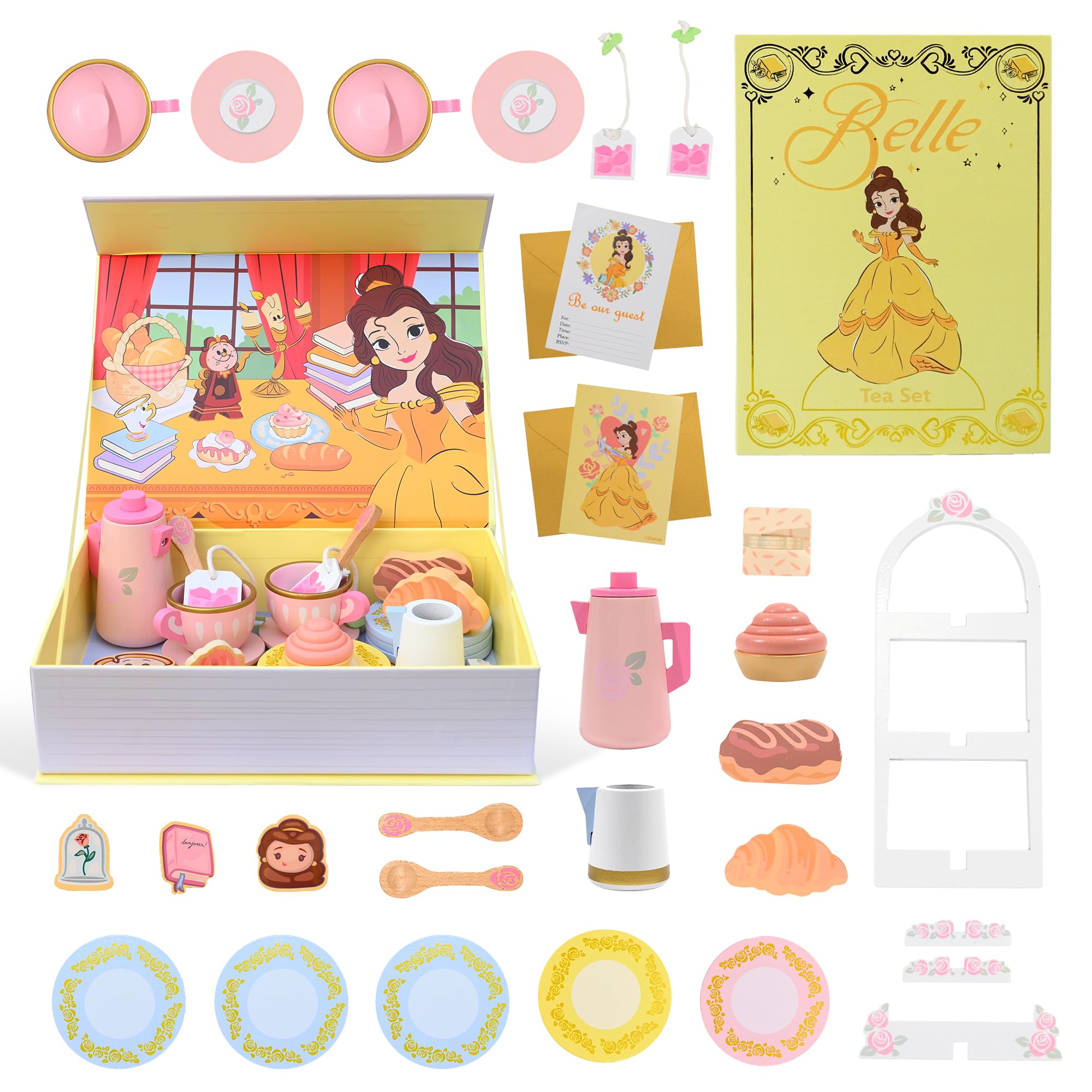 Disney Princess Belle Wooden Tea Set for Kids – 27 Piece Pretend Tea Party Playset with Book Storage Box, FSC Wooden Tea Toys, Portable Princess Gift for Girls Age 3+ Wooden Pretend Play Tea Toy Set!!