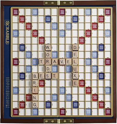 WS Game Company Scrabble Deluxe Travel Edition - Wood Case, Foldable Board,