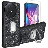 Generic for TCL 50 XL Case [with Tempered Glass Screen Protector][Mirror Ring][Glitter powder] Compatible with TCL 50XL leather Phone Case Cover SF-H, CSK-Black