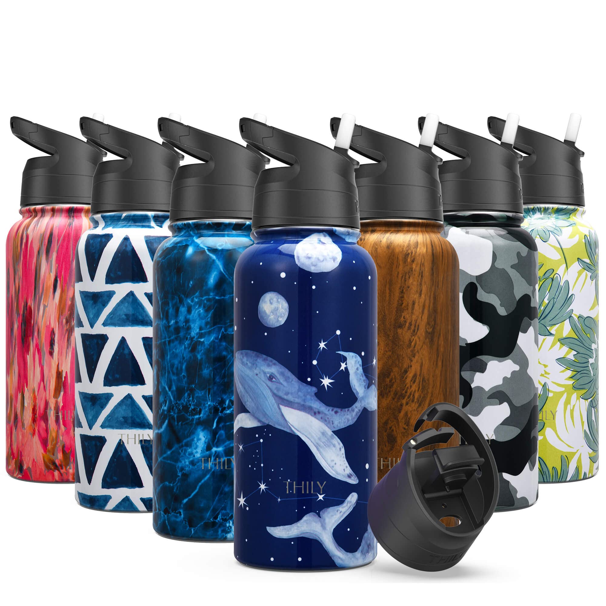 Vacuum Insulated Sports Water Bottle - THILY 945 ml Stainless Steel Leakproof Wide Mouth Water Flask with Flip Lid and Straw Lid, Reusable, BPA Free, Keep Hot 12 Hours Cold 36 Hours, Fantasy Whale