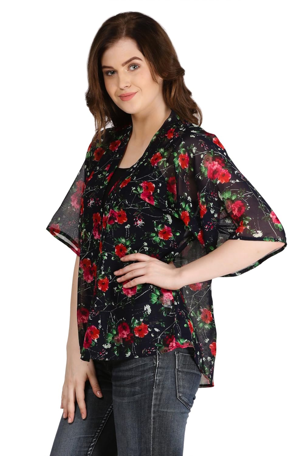 modish vogue women's flower printed black red shrug