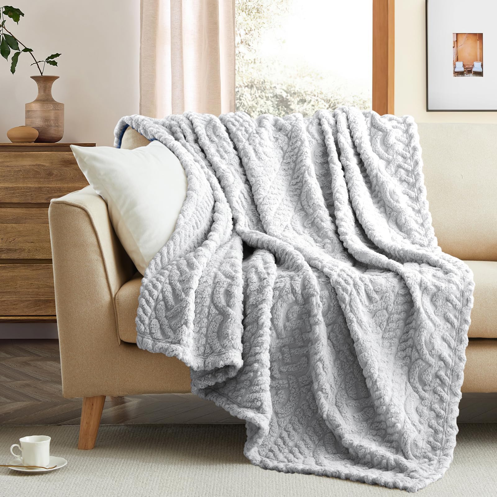 Coastline Sherpa Throw Blanket,Cable Pattern Decorative Soft Cozy Blanket for Couch Sofa,Light Weight Fleece Warm Throw Blanket for Bed,Grey,127 x 152 cm