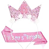 Vovii 5th Birthday Headband & Sash Set - Floral Princess Crown Headband for Birthday Girl Dress Up, Photo Prop & Party Decorations