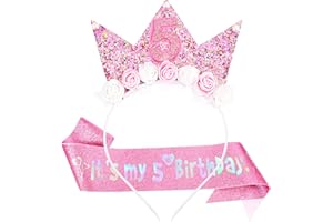 Vovii 5th Birthday Decorations for Girls, Birthday Girl Headband & Glitter Sash Set for 5 Year Old Girl Birthday Decorations, Birthday Flower Princess Crown Headband for Happy 5th Birthday Girl Outfit