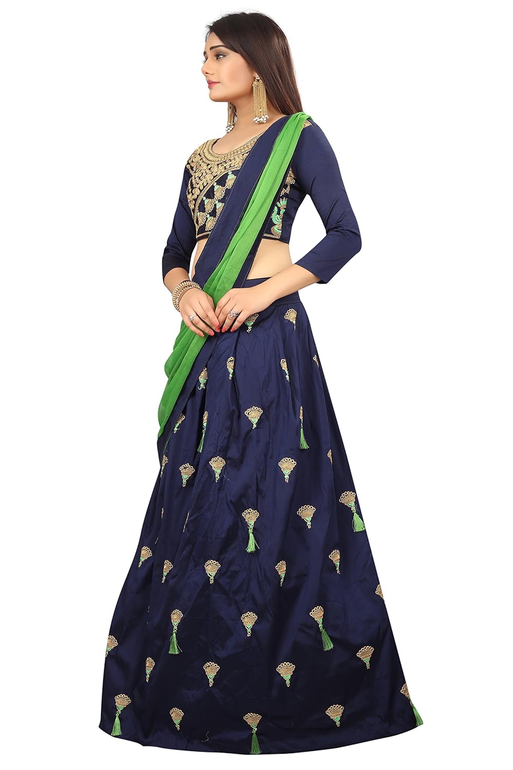 dharmi fashion women's tappeta silk lehenga choli (blue,free size, semi-stitched)
