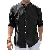 J.VER Men's Cotton Linen Long Sleeve Shirts Casual Button Down Banded Collar Shirt Beach Summer Tops with Pocket