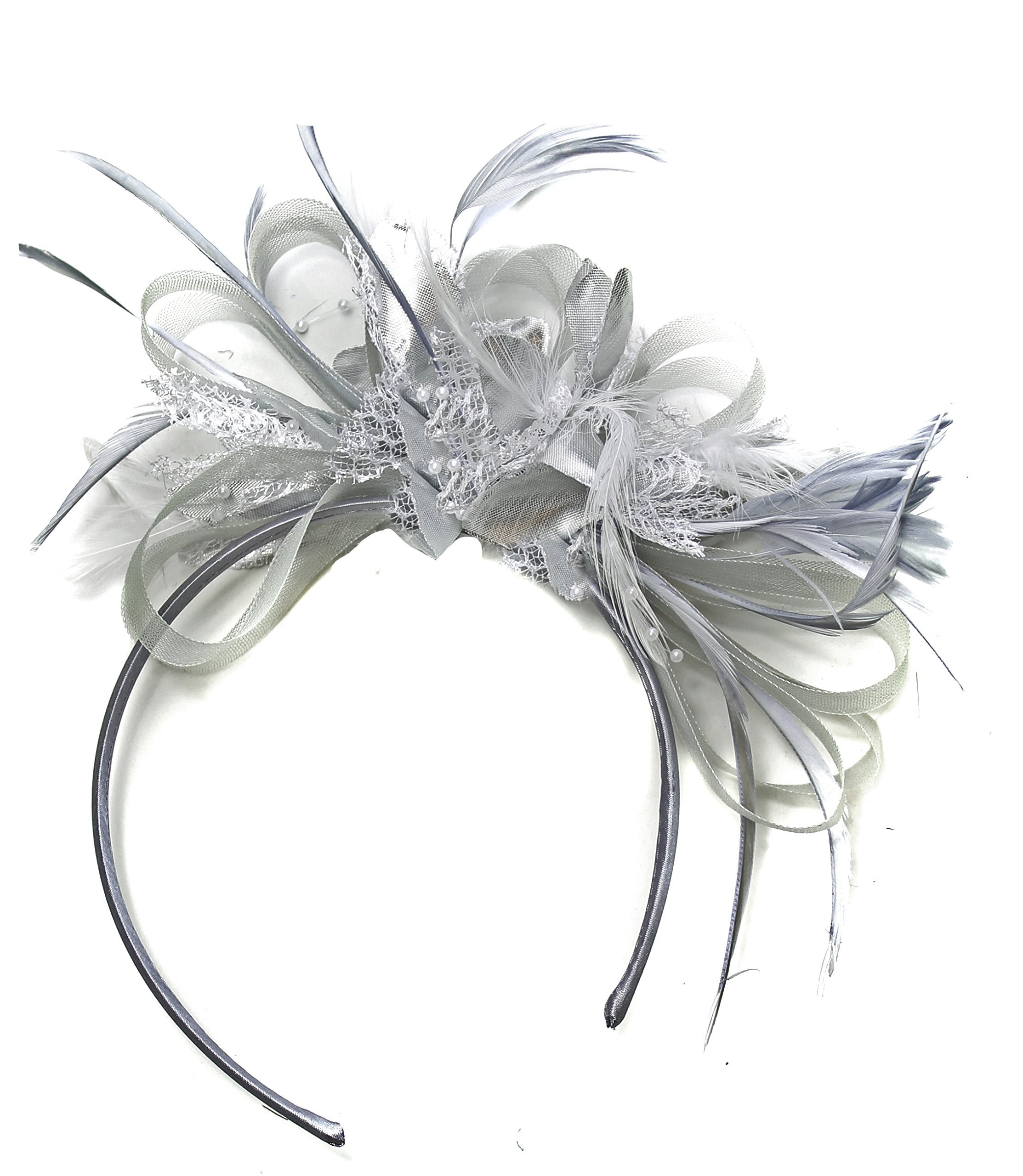 Silver Grey Net Hoop Feather Hair Fascinator Headband Wedding Royal Ascot Races, Unisize, Silver
