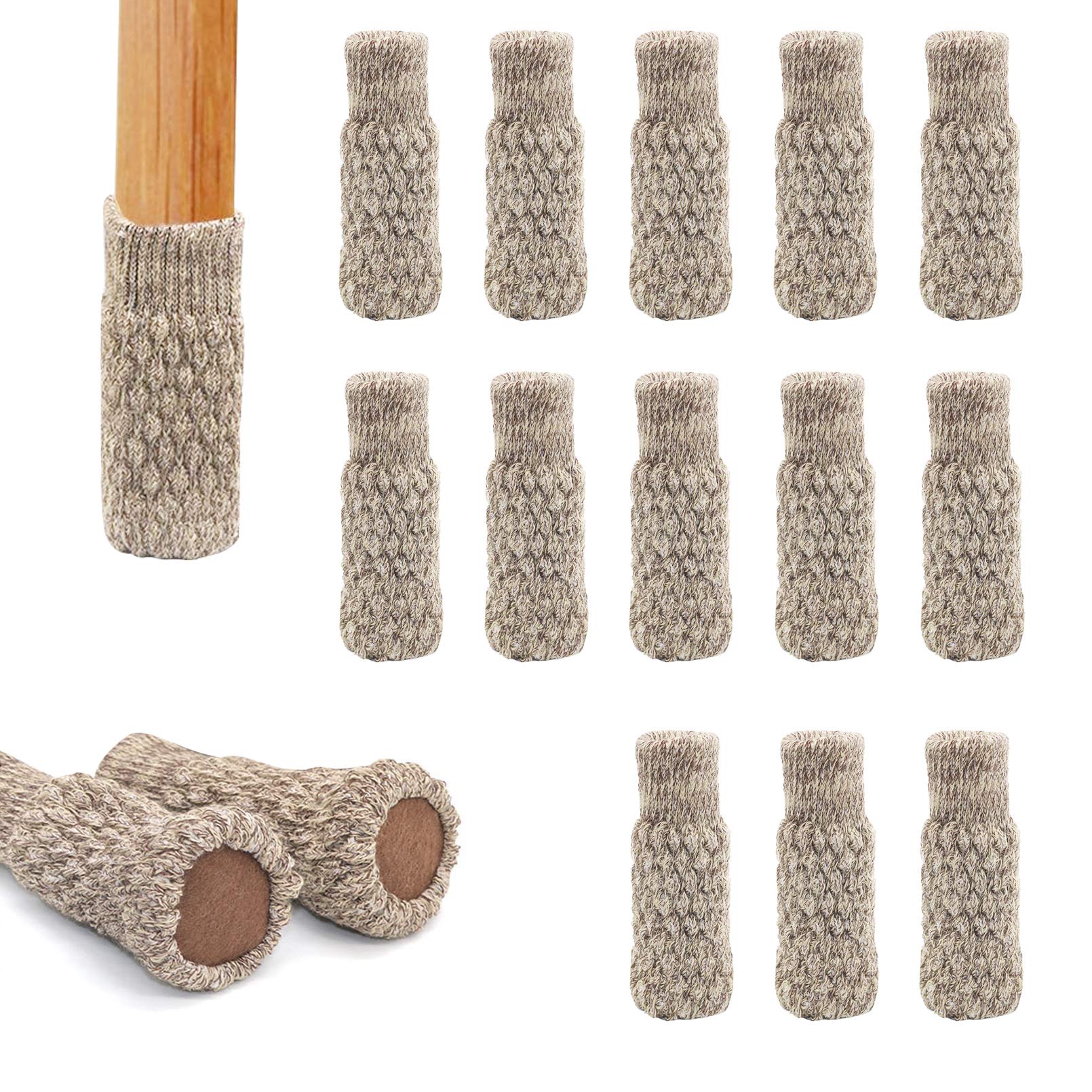16Pcs Chair Leg Socks with Felt Pads Knitted High Elastic Furniture Floor Protectors Non-Slip Chair Table Feet Socks Khaki