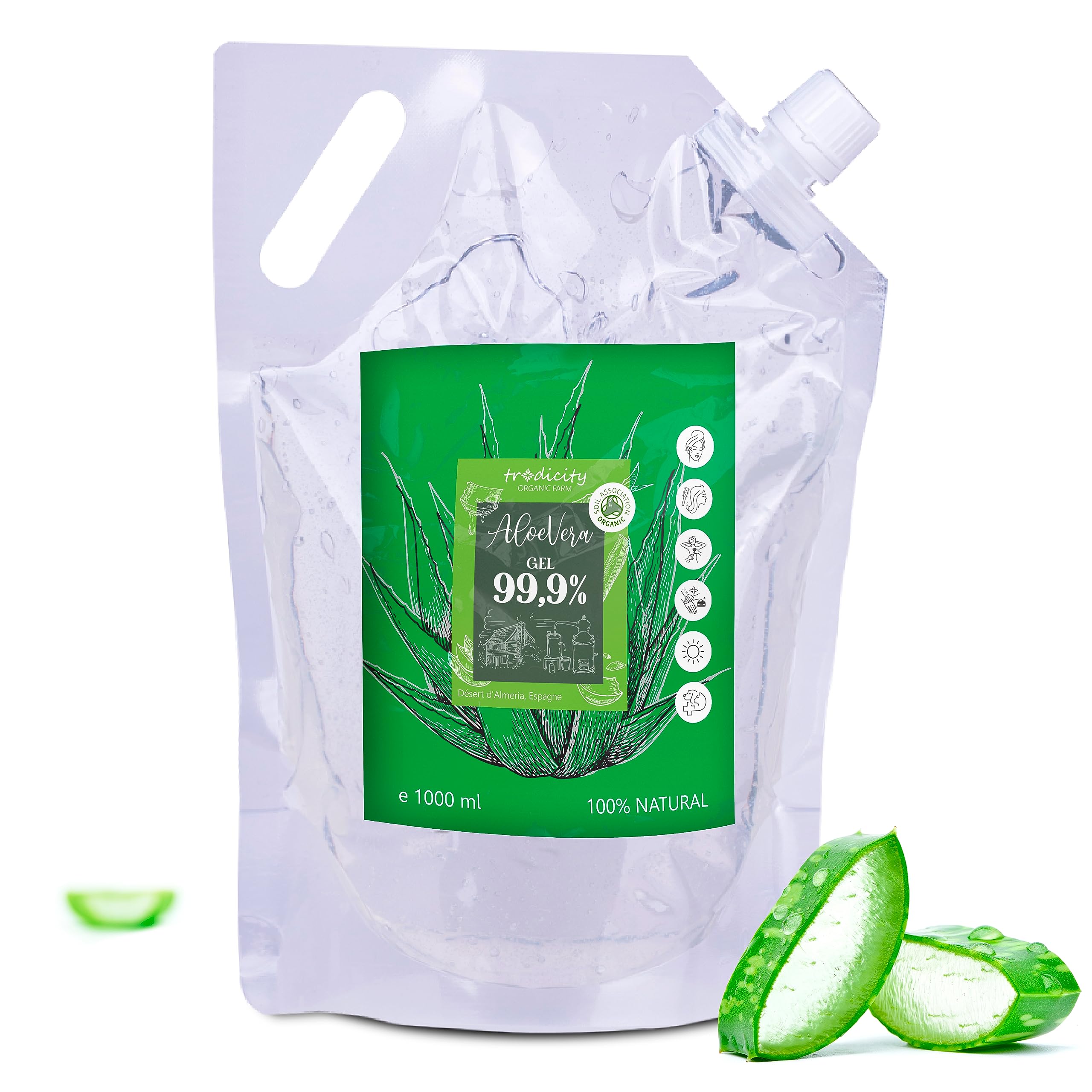 100% Natural Aloe Vera Gel from Fresh Leaves - Unique on the Market - Ecologically Grown in Andalusia - Perfect for Skin and Hair 1000 ml 1 kg