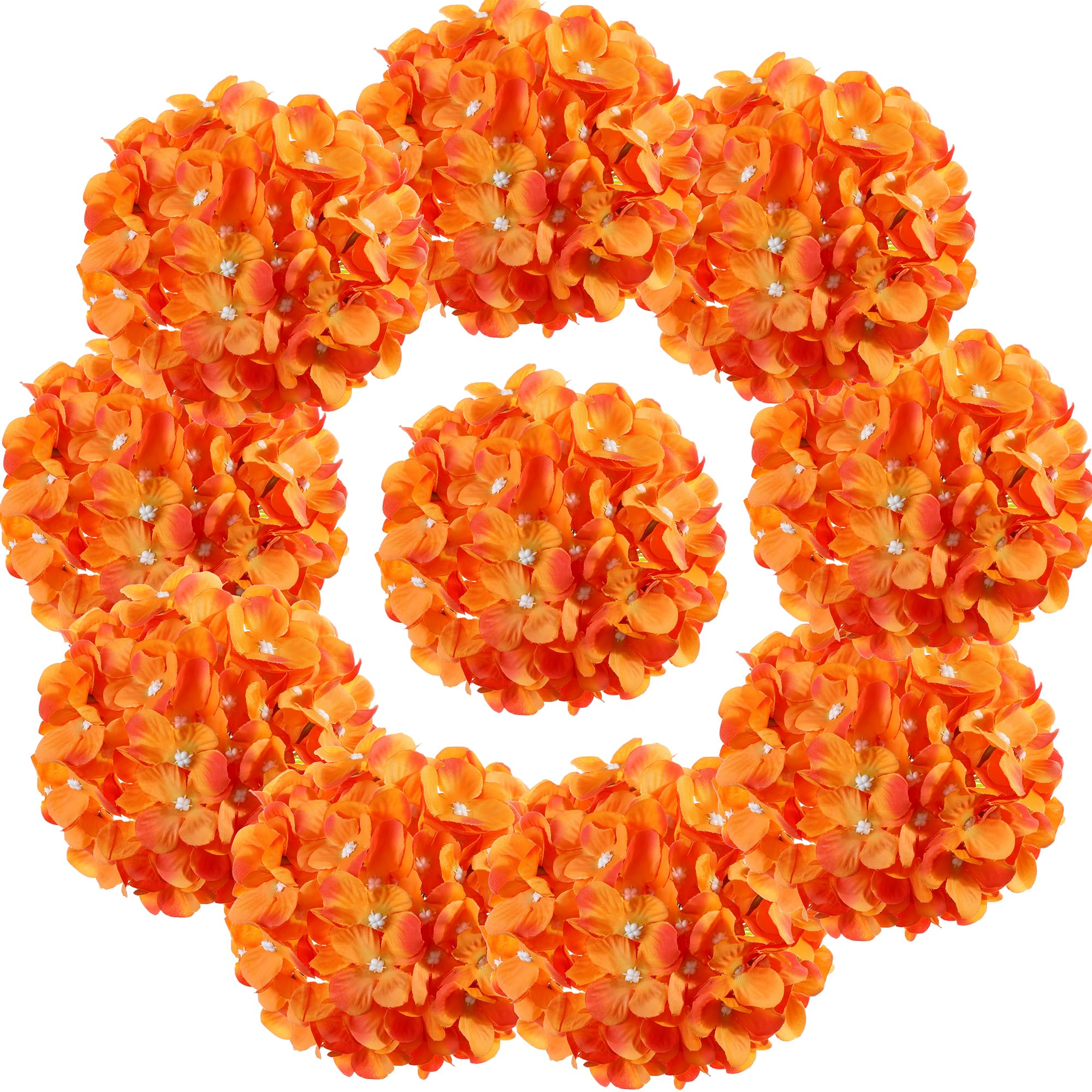 LUSHIDI Silk Hydrangea Heads with Stems Artificial Flowers Heads for Home Wedding Decor,Pack of 10 (Orange)
