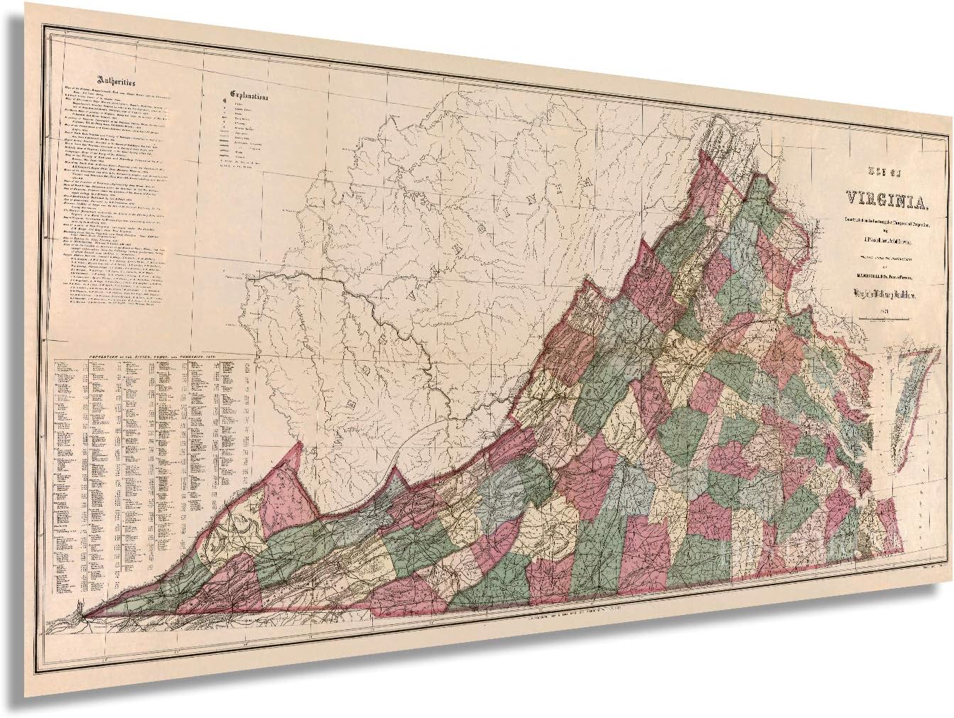 Historix Vintage 1871 State Map of Virginia - 12x24 Inch Vintage Map Wall Art - Vintage Virginia Map with Population of Cities, Towns and Townships - Virginia Wall Map - Virginia Decor (2 sizes)