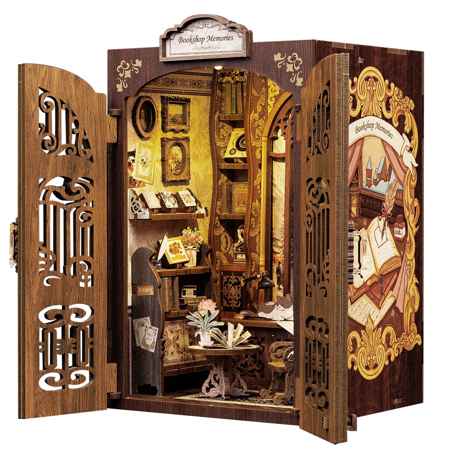 CUTEBEE Book Nook Kit, DIY Miniature Dollhouse Booknook Kit with Dust Cove and Led Light, 3D Wooden Library Model kits to Build, Bookends Bookshelf Decor Gift for Adults (Bookshop Memories)