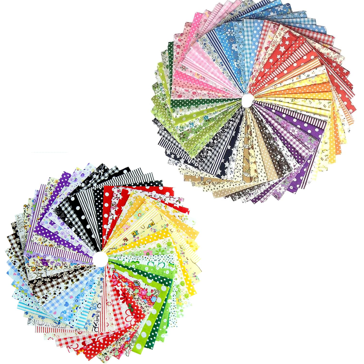 Pack of 50 Colourful Patchwork Fabric Bundles for Sewing - Cotton Material, 10 x 10 cm Squares and Various Shapes - Ideal for DIY Craft Projects
